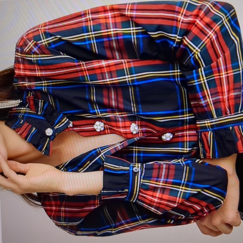 J. Crew Stewart Plaid Tartan Ruffle Neck Blouse Size 10
